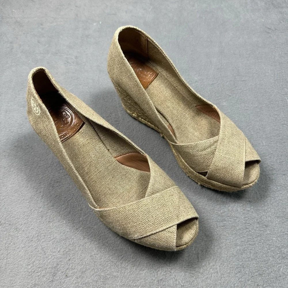 Tory Burch Filipa Espadrille Wedge Heels 8B Tan Canvas Peep Toe Platform